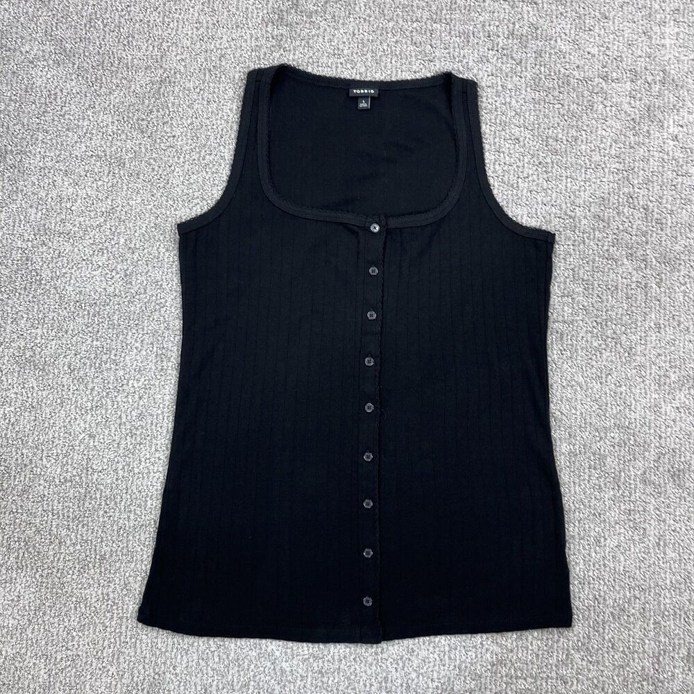 Torrid Top Womens 1 Black Square Neck Sleeveless Button Front Ribbed Knit Tank